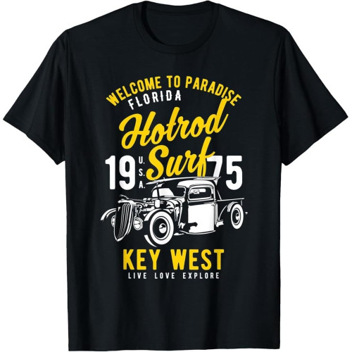 Key West Florida Retro Hotrod Surf Design Cotton Men T Shirt