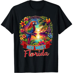 Key West Florida Shirt Parrot Tropical Beach Hibiscus Flower Cotton Men T Shirt