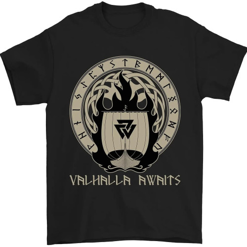 Vikings Valhalla Awaits Valknut Symbol Odin Mens T-Shirt 100% Cotton
