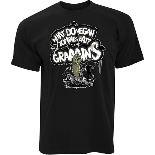 Novelty Mens T Shirt What Do Vegan Zombies Eat Grains! Vegetarian Pun Joke