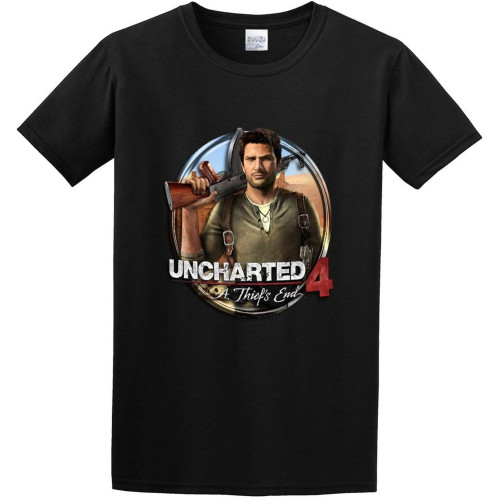 Men's Classic Tshirt 2019 Retro Uncharted 4 A Thiefs Black Cotton Tee Men's Classic Tshirt 2019 Retro Uncharted 4 A Thiefs Black Cotton Tee