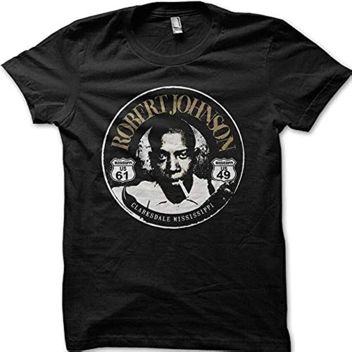 HOUKEEYUE Robert Johnson Blues Guitar Crossroads Devil Printed t-Shirt Black