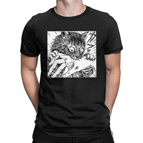 Men's T-Shirt My Cute Cat Tomie Junji Ito Vintage Cotton Tees Short Sleeve Manga T Shirt Crewneck Tops Arrival Black