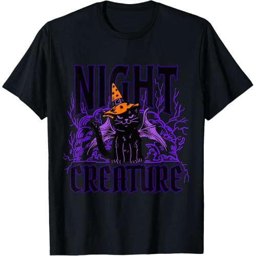 QECEOG Night Creature Halloween Black Cat Witch Hat T-Shirt QECEOG Night Creature Halloween Black Cat Witch Hat T-Shirt