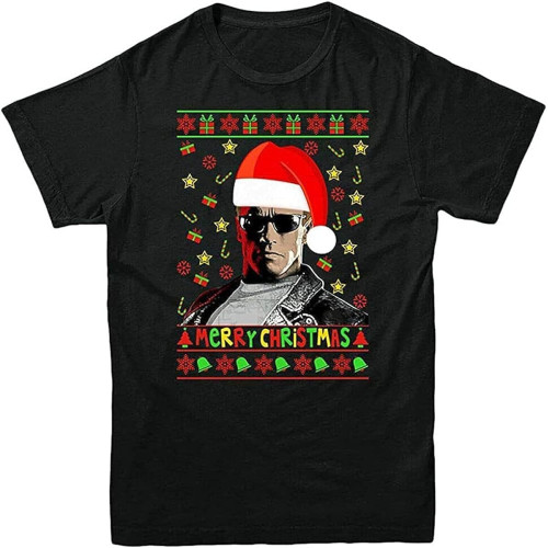 Arnold Schwarzenegger T-Shirt Famous Actor Xmas Hat Merry Tee Shirt Black