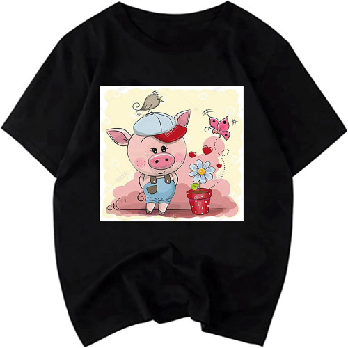 Men's Short-Sleeved Pig T-Shirt Loose Casual Rolled Half-Sleeve Letter Cotton Round Neck T Black