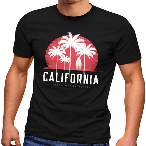 Mens T-Shirt California Palm Trees Santa Monica Beach Summer Sun Fashion Size M Black