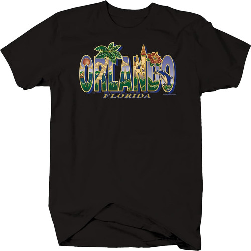 Orlando Florida Palm Tree Dolphin Castle Flowers Sunshine Beach Mens T Shirt 100% Cotton for Men Black Orlando Florida Palm Tree Dolphin Castle Flowers Sunshine Beach Mens T Shirt 100% Cotton for Men Black