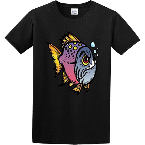 Trendy Piranha Cartoon Men's Cotton Shirt Tee Black