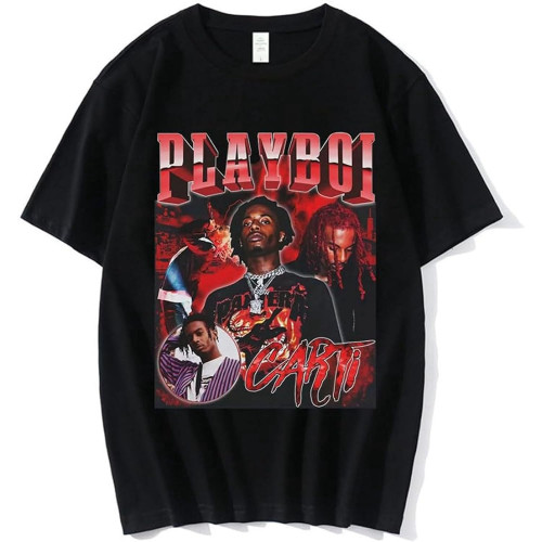 Hip Hop Rapper Playboi Carti T Shirt Men Women Graphic Print T-Shirts Oversized Streetwear Short Sleeve Male Cotton T-Shirt Black