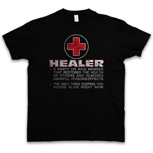 Men' Healer Role T-Shirt Fun Gamer Gaming Admin Symbol Computer Scientist Raid RPG Black