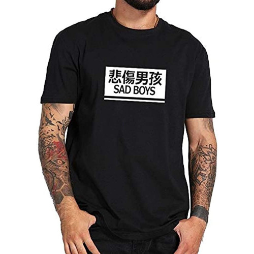 Chinese Text Sad Boy T-Shirt Black Shirt Men's Top Tee