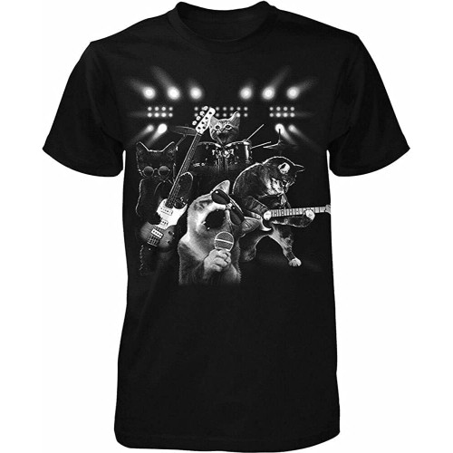Cat Rock Cats Playing Guitar and Drums T-Shirt Black Shirt Men's Top Tee Cat Rock Cats Playing Guitar and Drums T-Shirt Black Shirt Men's Top Tee
