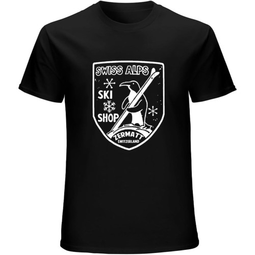 Penguin Skiing Ski Swiss Alps Snowboard Vintage T-Shirt Mens Unisex Black Tees