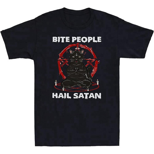 Black Cat Bite People Hail Satan Funny Cat Yoga Graphic Vintage Men's T Shirt Black
