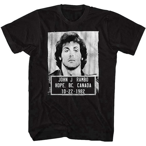 Men's Rambo Film Series John J. Rambo Canada 1982 Mugshot T-Shirt for Adults, Black Men's Rambo Film Series John J. Rambo Canada 1982 Mugshot T-Shirt for Adults, Black
