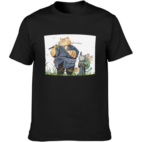 Samurai Cat Sensei Cat Men's Cotton T-Shirt Black Shirt Top Tee