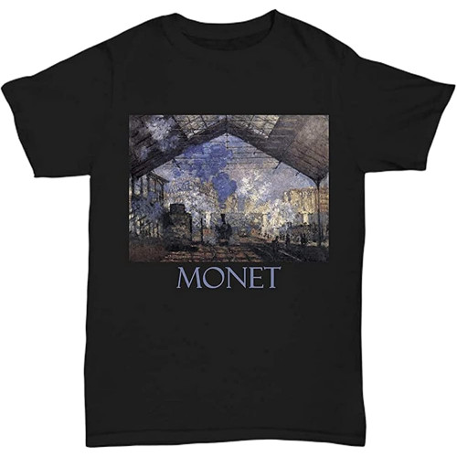 Sainte Lazare Railway Station by Claude Monet Men's Cotton T-Shirt Black Shirt Top Tee