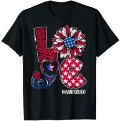 Love Sunflower Nurse Day 4th of July Nurse Life T-Shirt Casual Daily Four Seasons Men Women Clothing Graphic T Shirts Black