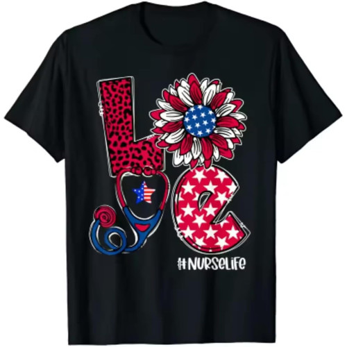 Love Sunflower Nurse Day 4th of July Nurse Life T-Shirt Casual Daily Four Seasons Men Women Clothing Graphic T Shirts Black