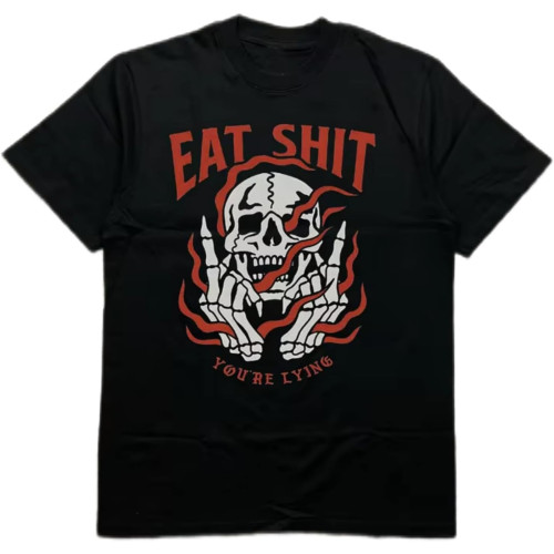 Men's Black 200G Heat Transfer Printed Crew Neck Short Sleeve T-Shirt - Skull Horror Text Pattern Black Men's Black 200G Heat Transfer Printed Crew Neck Short Sleeve T-Shirt - Skull Horror Text Pattern Black