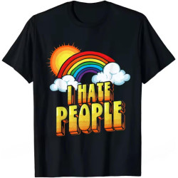 I Hate People Funny Antisocial Vintage Rainbow T-Shirt Camisas Men Print Tops Tees Prevailing Cotton Men's T Shirt Black