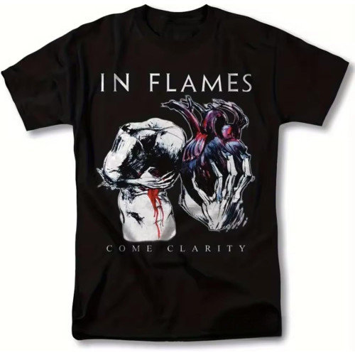 in Flames Come Clarity Vintage Graphic T-Shirt Black Band Tee with Artistic Flame Heart Regular Fit Round Neck for Rock Concerts Black