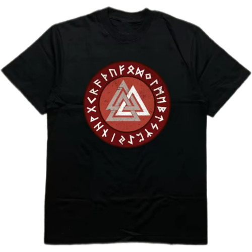 Men's Black 200G Cotton Heat Transfer Printed Crew Neck Short Sleeve T-Shirt - Nordic Rune Triangle Theme Pattern Black Men's Black 200G Cotton Heat Transfer Printed Crew Neck Short Sleeve T-Shirt - Nordic Rune Triangle Theme Pattern Black