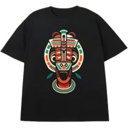 Artistic Style Colorful Mask Heat Transfer Print Round Neck Short Sleeve Black Artistic Style Colorful Mask Heat Transfer Print Round Neck Short Sleeve Black