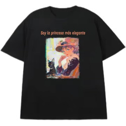 Men's Black 200g Cotton T - Shirt - Elegant Princess & Cat Theme Heat Transfer Print Round Neck Short Sleeve Black Men's Black 200g Cotton T - Shirt - Elegant Princess & Cat Theme Heat Transfer Print Round Neck Short Sleeve Black