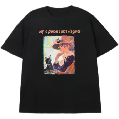 Men's Black 200g Cotton T - Shirt - Elegant Princess & Cat Theme Heat Transfer Print Round Neck Short Sleeve Black