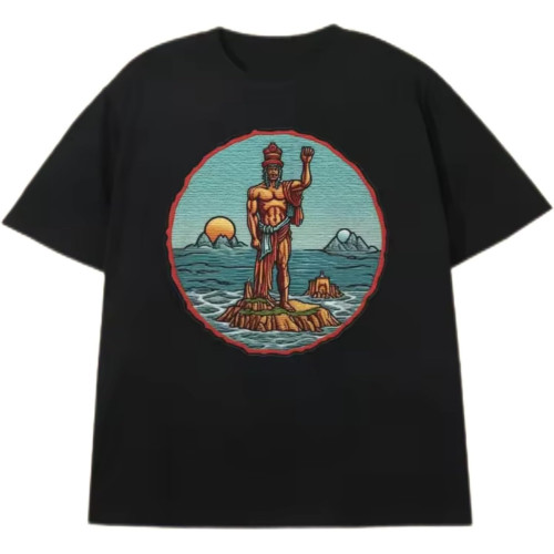 Men's Black 200g Cotton T - Shirt - Island Character Theme Heat Transfer Print Round Neck Short Sleeve Black
