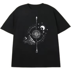 Men's Black 200g Cotton T - Shirt - Exploration Style Compass Moon Star Heat Transfer Print Short Sleeve Black Men's Black 200g Cotton T - Shirt - Exploration Style Compass Moon Star Heat Transfer Print Short Sleeve Black