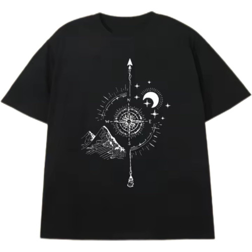 Men's Black 200g Cotton T - Shirt - Exploration Style Compass Moon Star Heat Transfer Print Short Sleeve Black Men's Black 200g Cotton T - Shirt - Exploration Style Compass Moon Star Heat Transfer Print Short Sleeve Black