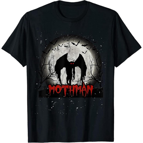 MUZHILIN Limited Dark Moon with Bats and Mothman Folklore Tee T-Shirt Top Sweatshirt Short Sleeve Black MUZHILIN Limited Dark Moon with Bats and Mothman Folklore Tee T-Shirt Top Sweatshirt Short Sleeve Black