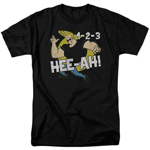 Johnny Bravo 123 T Shirt Mens Cartoon Merchandise HEE ah Black Man T Shirt 100% Cotton Sleeve Shirt Black