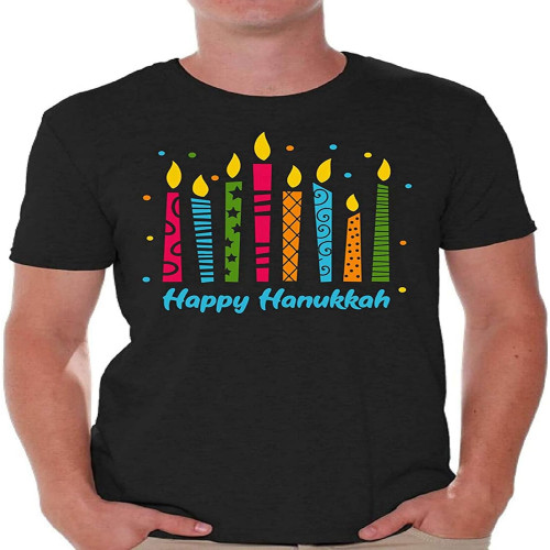 Happy Hanukkah Men's T-Shirt Celebration Jewish Holiday Candles Festive Gift Tee Black Happy Hanukkah Men's T-Shirt Celebration Jewish Holiday Candles Festive Gift Tee Black
