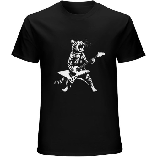 Rock Band Cat Playing Electric Guitar Unisex Tee Shirt Men's Black T-Shirt