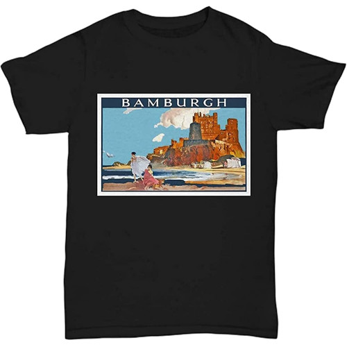 British Travel Poster Bamburgh Men T-Shirt Black Graphic Unisex Tee Shirt