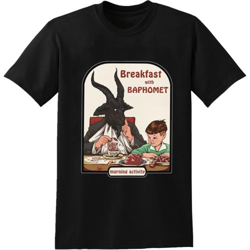 Breakfast with Baphomet Demon T-Shirt Black Graphic Unisex Tee Shirt